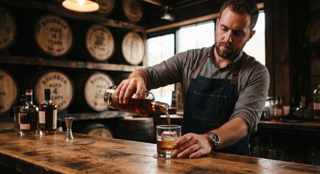 Bartender pouring bourbon into a rocks glass in a barrel room