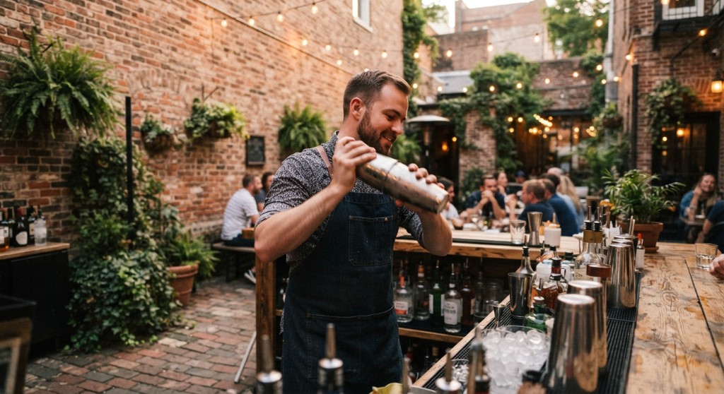 Bartender shaking a cocktail in a brick courtyard with string lights