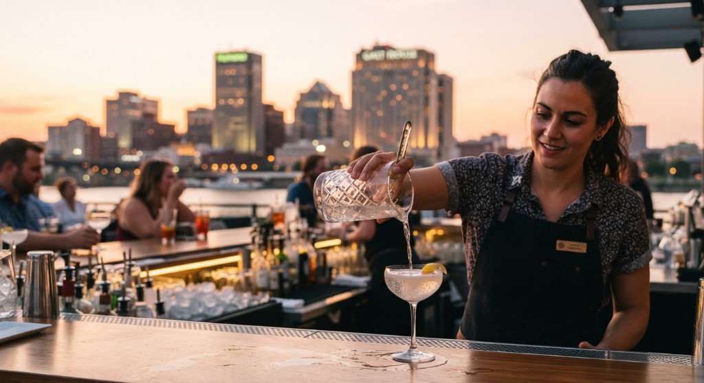 Bartender pouring a cocktail into a coupe with the Louisville skyline at sunset