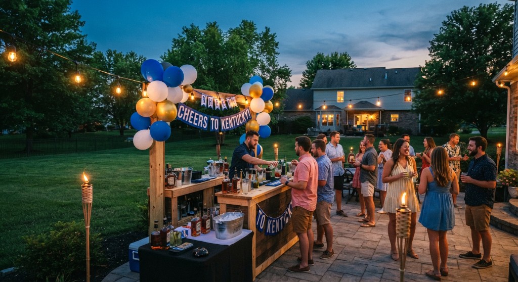 Backyard party bar with blue, white, and gold balloons