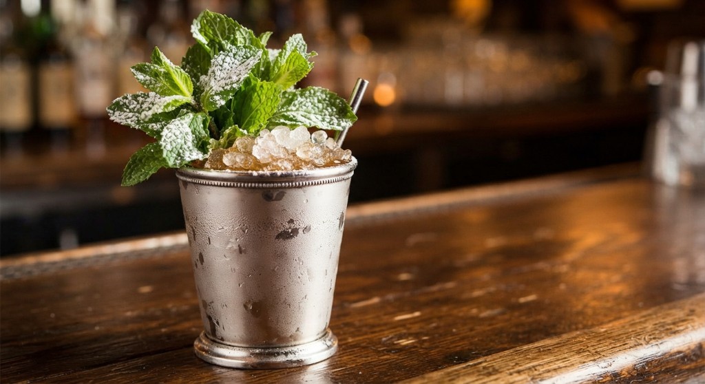 Mint julep in a silver cup with crushed ice and mint