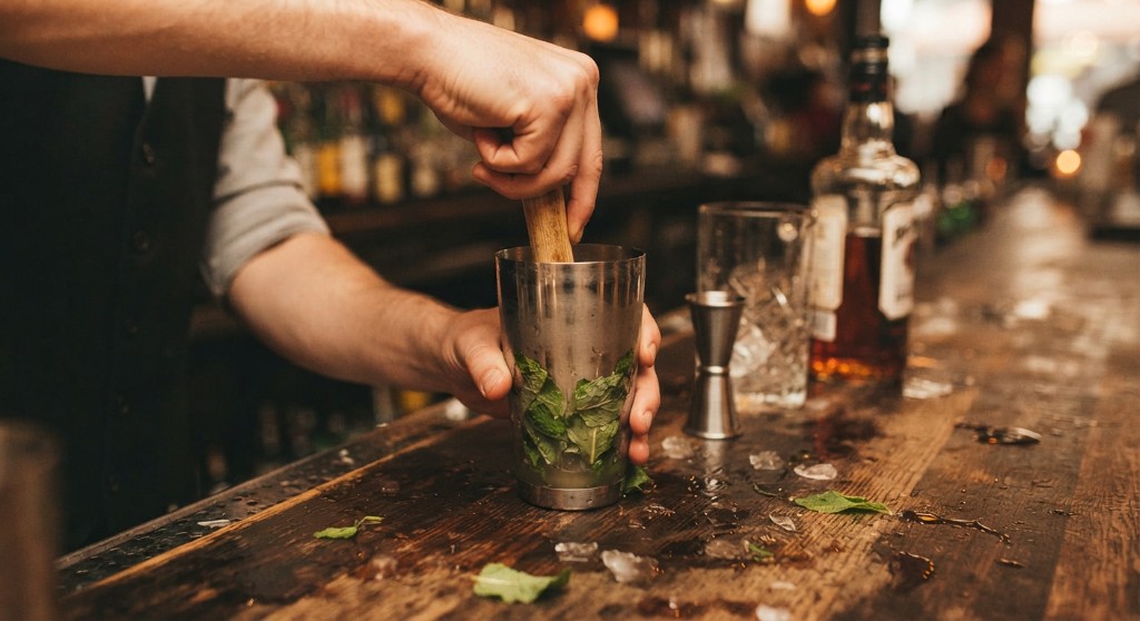 Hands muddling mint in a tin on a wooden bar