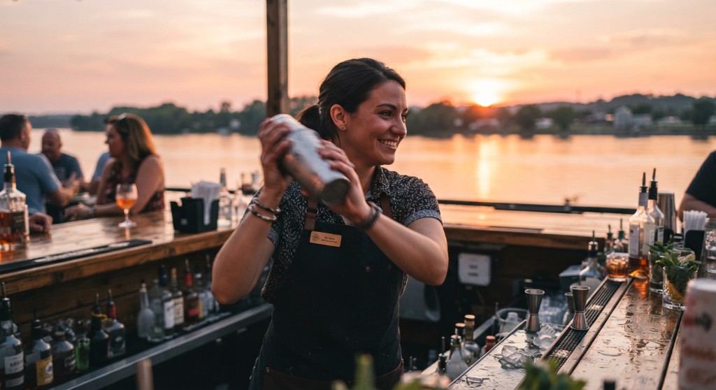 Bartender shaking a cocktail at a river bar at sunset