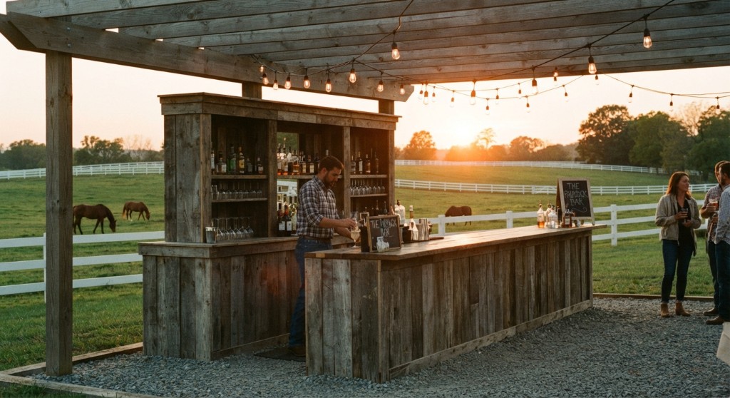 Wooden farm bar under a pergola at sunset with horses in the field