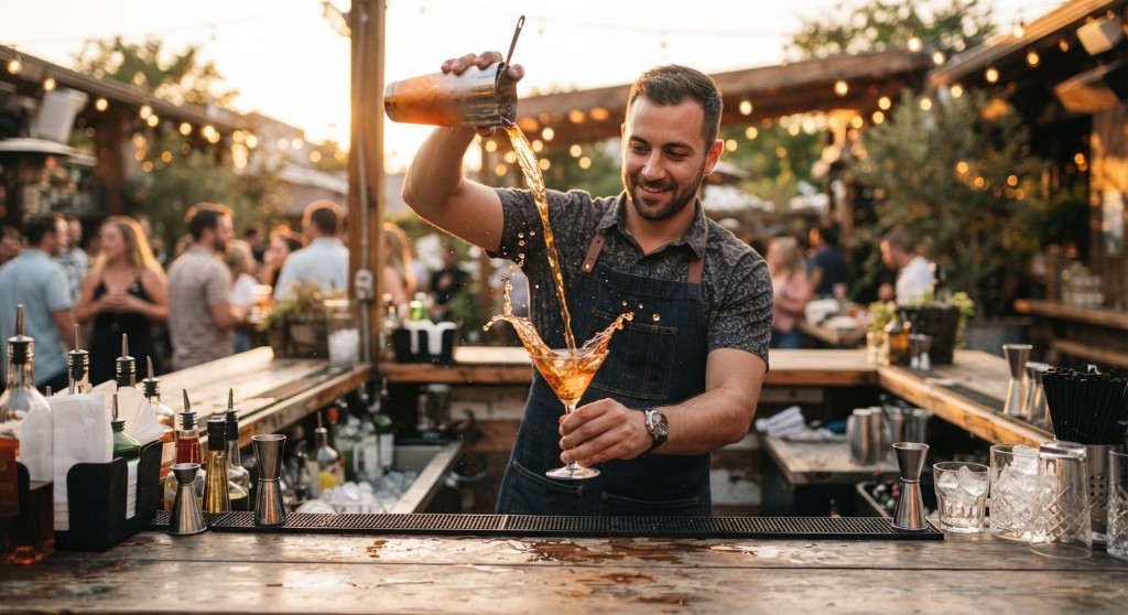 Bartender pouring a cocktail with a splash into a martini glass at a patio bar