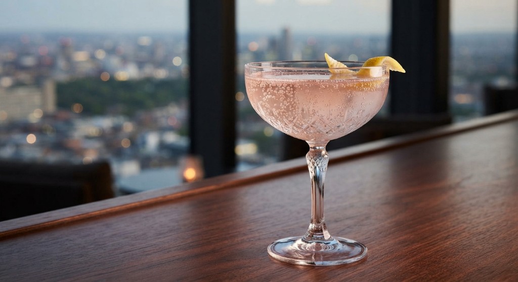 Pink cocktail in a coupe with a lemon peel and city lights in the windows