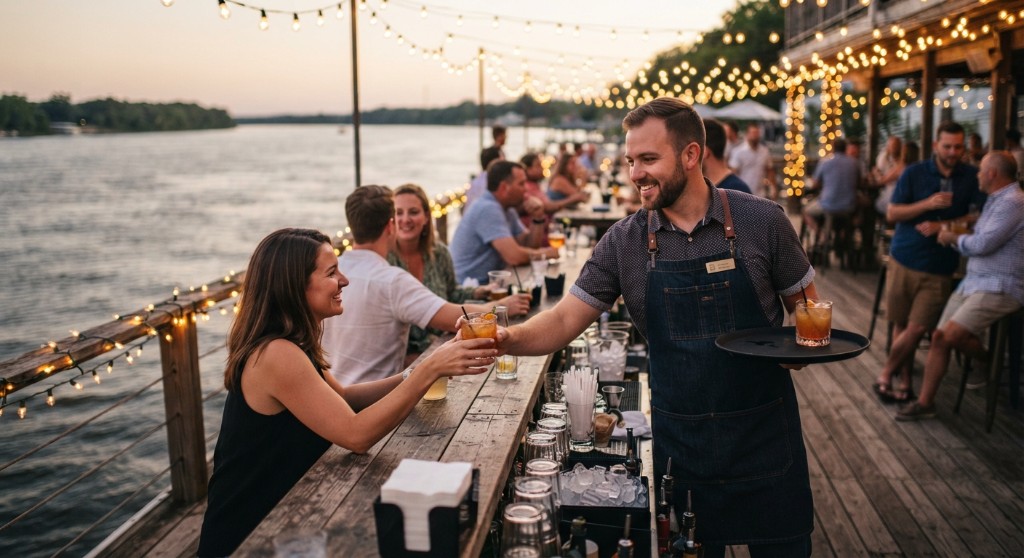 Bartender handing a cocktail to a guest at a river deck bar