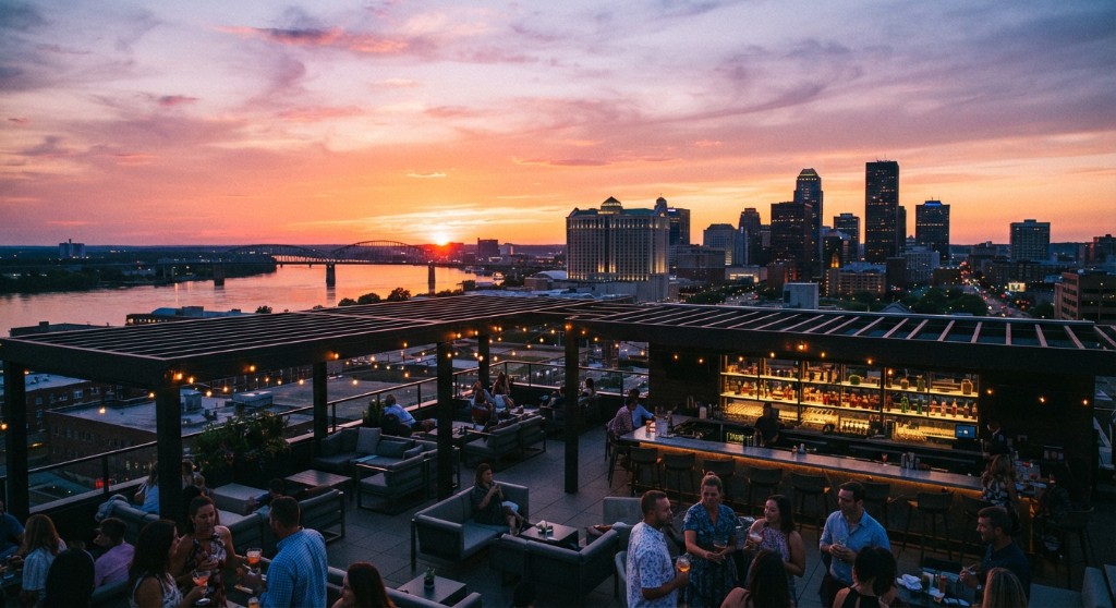 Rooftop cocktail bar overlooking the Louisville skyline and Ohio River at sunset