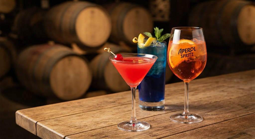 Three cocktails on a wooden table with bourbon barrels behind them