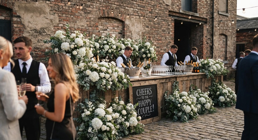 Wedding bar with white florals, champagne, and a cheers chalkboard